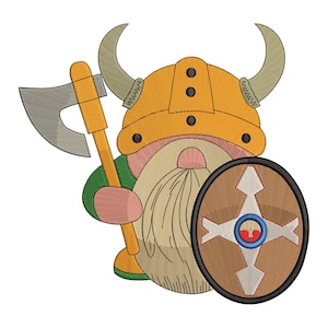 Vikingagnom med yxa och sköld broderidesign, skandinavisk krigare maskinbroderifil