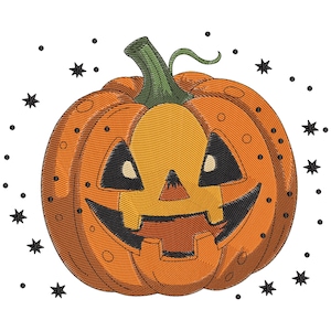 May include: An embroidered orange pumpkin with a carved face, featuring triangular eyes and a wide, toothy grin. The pumpkin has a green stem and is surrounded by black star shapes and small black dots, perfect for Halloween.