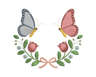 Diseño de bordado de corona floral de mariposas, archivo de bordado a máquina de jardín romántico, descarga instantánea