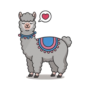 以下が含まれることがあります： 青とピンクの鞍とハート型の吹き出しが付いた、灰色のラマのイラスト。ラマは、青とピンクのアクセントが付いた装飾的な襟をしています。画像は白い背景にあります。