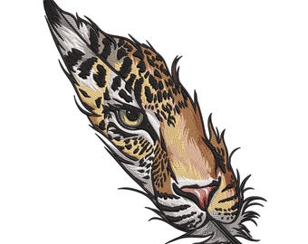 Jaguar Face with Feather Embroidery Design, Feather Machine Embroidery File, Colorful Feather Embroidery, Beautiful Eyes Embroidery File
