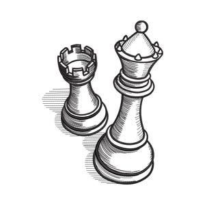 Può includere: Illustrazione in bianco e nero di una torre e di una regina degli scacchi. La torre ha una parte superiore merlata, mentre la regina presenta un design a forma di corona. Entrambi i pezzi sono resi con ombreggiatura dettagliata, suggerendo un classico gioco di scacchi.