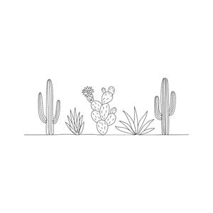 Può includere: Un disegno a tratto in bianco e nero di vari cactus e piante grasse. L'immagine presenta alti cactus colonnari, un fico d'India fiorito e piante di agave spinose, il tutto raffigurato con linee semplici e pulite su sfondo bianco.
