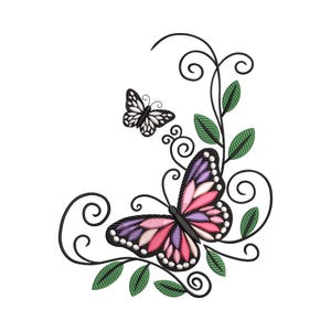 May include: An embroidered design featuring two butterflies and decorative foliage. The larger butterfly has pink and purple wings with black outlines. The smaller butterfly is black and white. Green leaves and black swirls complete the design.