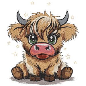 May include: A cute cartoon Highland cow with large green eyes, a pink nose, and small gray horns. The cow is sitting down with its legs tucked in. The image is embroidered with brown, tan, and white thread, with gold star accents.