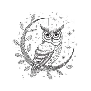 Può includere: Illustrazione in bianco e nero di un gufo appollaiato su una luna crescente con foglie. Il gufo ha piume dettagliate e grandi occhi. Stelle e segni più circondano la luna, creando un design celeste.