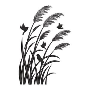 May include: Black and white illustration of tall grass and birds. The artwork features stylized reeds with feathery tops and several birds in flight or perched on the stalks. The design is suitable for embroidery or other crafts.