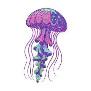 May include: Embroidered jellyfish design in shades of purple, pink, and teal. The jellyfish has a rounded bell shape with long, flowing tentacles. The design is detailed with textured stitching, creating a three-dimensional effect. The background is white.
