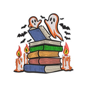May include: A Halloween-themed illustration featuring a stack of books with two cartoon ghosts, bats, and lit candles. The books are in various colors, and the ghosts have orange outlines. The candles have orange and yellow flames.