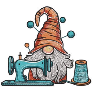 May include: An embroidered image of a gnome with a long white beard and an orange hat. The gnome is surrounded by sewing tools, including a teal sewing machine, pins, and a spool of thread. The image is on a white background.