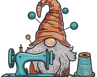 Sewing Gnome Embroidery Design, Gnome with Sewing Machine Embroidery File, Knitting Embroidery Design, Hobby Machine Embroidery EMB, PES VP3