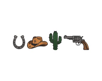 Western Cowboy Hat Cactus Horseshoe Design, Wild West Icons Machine Embroidery File, Instant Download