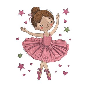 Puede incluir: Ilustración bordada de una joven bailarina con tutú rosa y zapatillas de ballet, con los brazos levantados. Su cabello está recogido en un moño con un lazo rosa. Corazones y estrellas rosas y verdes la rodean sobre un fondo blanco.