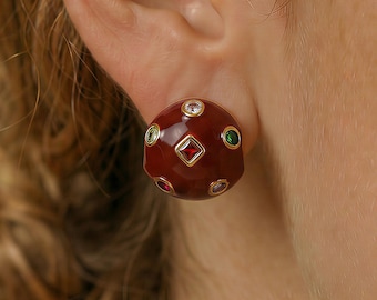 Red Statement Earrings Vintage Dome Earrings Gold Enamel Stud Earrings Geometric Earrings Colorful CZ Earrings
