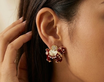 Cute Pony Earrings Red Horse Stud Earrings Vintage Animal Earrings Gold Enamel Stud Earrings Unique Gift Jewelry