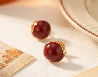 Red Earrings Stud Vintage Bold Earrings Round Statement Earrings Minimal Jewelry Fall Winter Jewelry