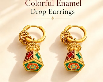 Colorful Enamel Drop Earrings, Gift for Her, Vintage Gold Earrings for Women, Mothers Day Gift, Cute Charm Earrings for Mom