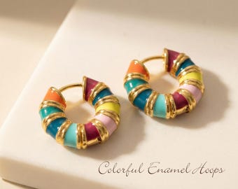 Colorful Enamel Earrings,Trendy Hoop Earrings for Women,Retro Gold Hoop Jewelry,Cute Earrings, Statement Earrings,Modern Gold Hoop Earrings