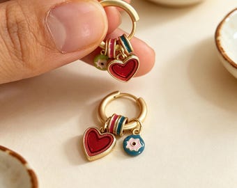 Heart Hoop Earrings, Colorful Enamel Earrings for Women, Retro Gold Jewelry Gift, Retro Charm Earrings, Statement Jewelry