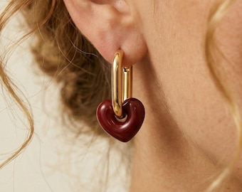 Vintage Red Heart Earrings Gold Hoop Earrings Burgundy Enamel Jewelry Fall Winter Trendy Earrings