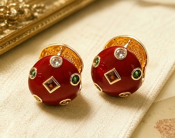 Red Enamel Earrings for Women, Vintage Red Stud Earrings, Elegant Dome Jewelry Gift for Her