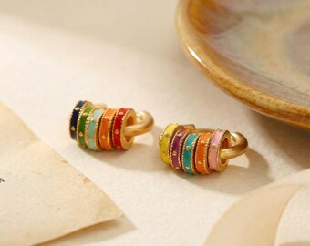 Cute Gift Earrings, Retro Colorful Hoop Earrings, Enamel Huggie Hoops, Fun Birthday Gift for Her, Small Gold Hoops Earrings