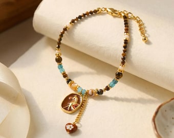 Cute Horse Charm Bracelet Tiger Eye Beaded Bracelet Retro Colorful Enamel Flower Bracelet Playful Lucky Jewelry Gift for Her