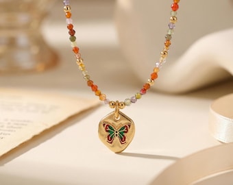 Colorful Beaded Butterfly Necklace, Cute Rainbow Zircon Necklace for Women, Dainty Layering Jewelry Gift