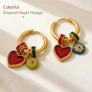 Heart Hoop Earrings, Colorful Enamel Heart Hoops for Women, Cute Gold Hoop Jewelry Gift for Her
