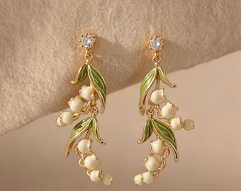 Lily of the Valley Earrings, Botanical Drop Earrings for Women, Floral Enamel Jewelry, Gift for Her