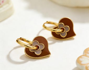 Red Enamel Heart Earrings, Cute Clover Charm Hoops, Removable DIY Earrings, Retro Playful Jewelry, Gold Hoop Dangle Earrings