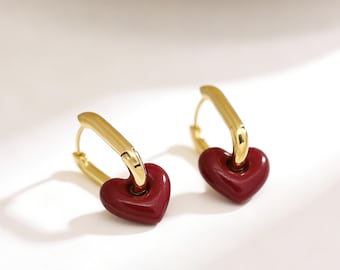 Red Heart Hoop Earrings Gold Huggie Earrings Minimalist Cute Earrings Gift for Her Everyday Jewelry