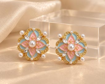 Christmas Gift Earrings for Her, Pink Blue Flower Stud Earrings, Small Holiday Stocking Stuffer