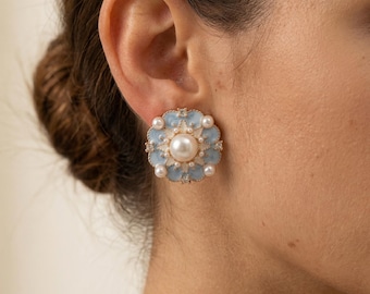 Gift for Her Flower Studs, Blue Enamel Pearl Earrings with CZ, Gold Tone Floral Charm Stud Earrings, Cute Retro Gift