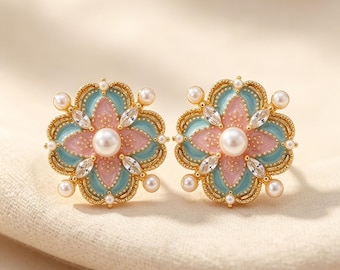 Colorful Floral Earrings, Floral Enamel Earrings for Women, Pink Blue Pearl Flower Stud Earrings, Gift for Her