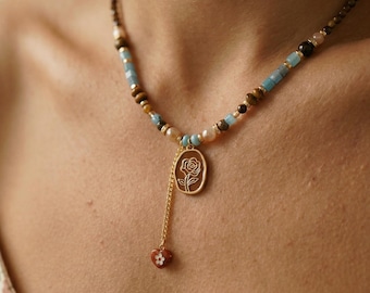 Layered Beaded Necklace, Charm Necklace, Everyday Jewelry, Minimal Necklace, Gold Detail Necklace, Casual Elegant Jewelry for Women