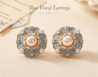 Blue Floral Earrings, Blue Enamel Earrings for Women, Pearl Flower Stud Earrings, Gift for Her