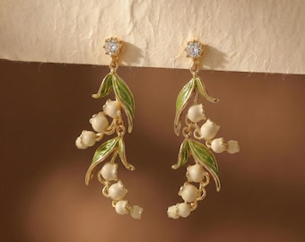 Lily of the Valley Earrings, Forest Drop Earrings, Vintage Floral Dangle Earrings, Nature Inspired Jewelry, Botanical Earrings Gift for Her