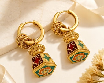 Vintage Enamel Earrings for Women, Colorful Gold Hoop Drop Earrings, Retro Statement Gift Jewelry