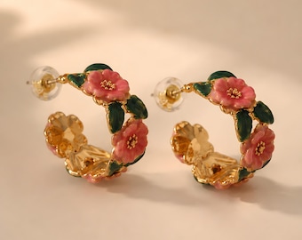 Floral Hoop Earrings, Pink Flower Enamel Earrings for Women, Botanical Hoop Jewelry, Gift for Her