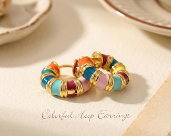Colorful Hoop Earrings,Enamel Earrings for Women,Gold Hoop Jewelry Gift, Trendy Earrings,Cute Earrings, Everyday Jewelry,Statement Hoops
