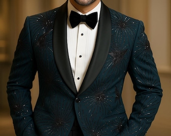 Teal Blue Tuxedo Jacket: Embroidered Starburst Party Blazer