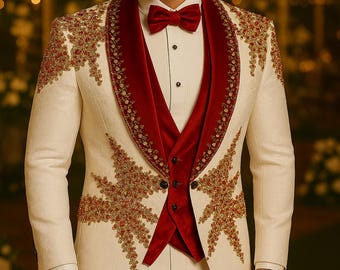 Ivory Groom Suit: Red Velvet Shawl Collar, Beaded Wedding Tuxedo