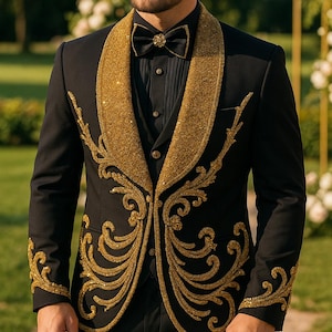 Embroidered Black & Gold Tuxedo: Men&#39;s Slim Fit 3-Piece Suit