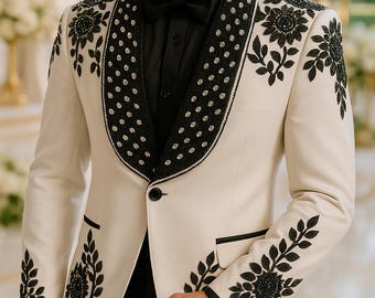 Embroidered Groom Suit: Sequin Floral Tuxedo, Handcrafted Wedding Suit