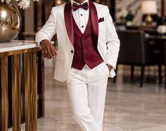 Boys Ivory Burgundy Suit | Velvet Trim Tuxedo, Ring Bearer, Page Boy Outfit, Formal Wear