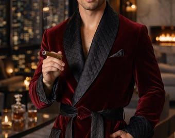 Burgundy Velvet Quilted Robe for Men | Luxury Men’s Loungewear | Plush Dressing Gown | Elegant Home & Lounge Robe | Gift for Him
