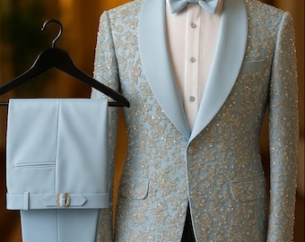 Luxury Light Blue Embroidered Tuxedo: Handcrafted Beaded Shawl Lapel Suit