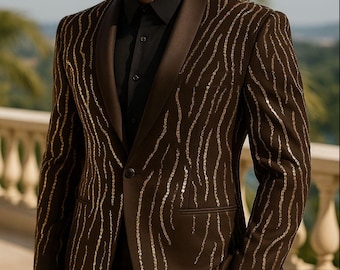 Brown Embroidered Sequin Tuxedo: Custom Tailored Wedding Suit