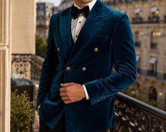 Teal Blue Velvet Tuxedo for Men, Double Breasted Dinner Jacket, Luxury Wedding Formalwear